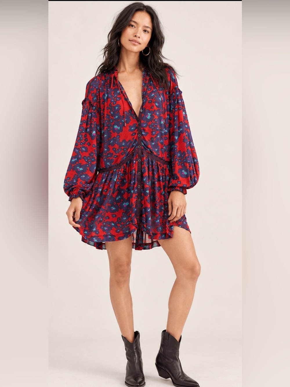 Red Floral V-Neck Long Sleeve Mini Dress